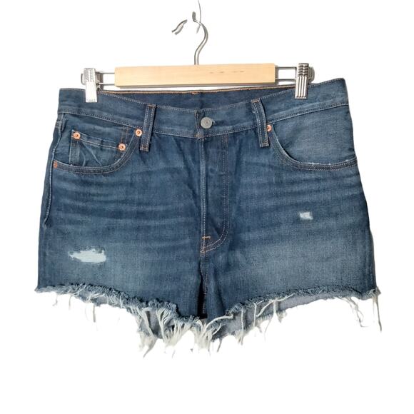 Levi's Premium 501 Sz 29 Button Fly Raw Hem Distressed Denim Jean Shorts - Picture 1 of 8
